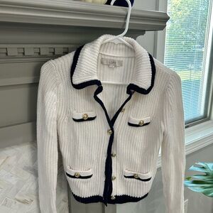 LOFT Ivory and Navy Trim Cardigan